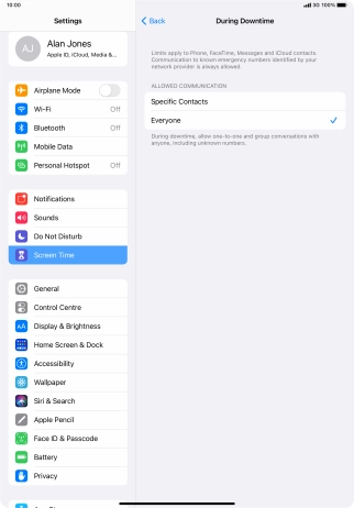 Press the required setting.