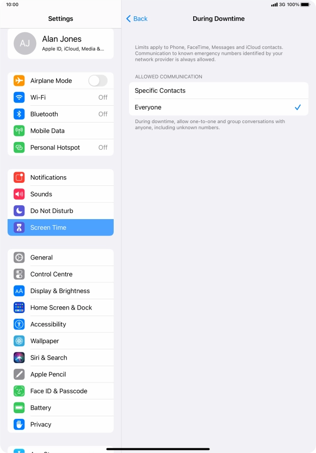 Press the required setting.