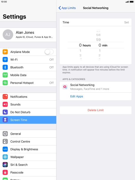 Set the required time limit for use of the selected category.