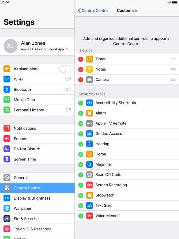 Press the delete icon next to the required function to remove it from Control Centre. Press the delete icon next to the required function to remove it from Control Centre.