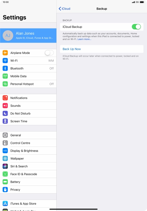 Press Back Up Now and wait while the tablet memory is backed up.