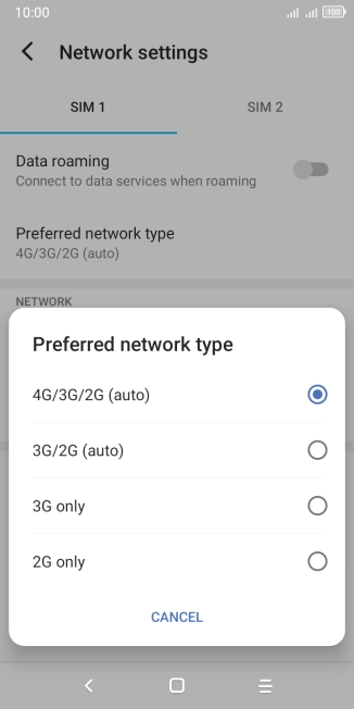 Press the required network mode.