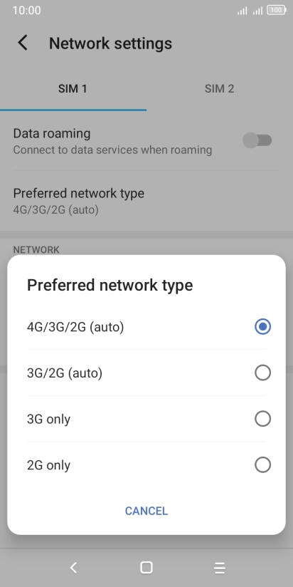 Press the required network mode.