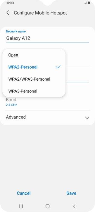 Press WPA3-Personal to password protect your Wi-Fi hotspot.