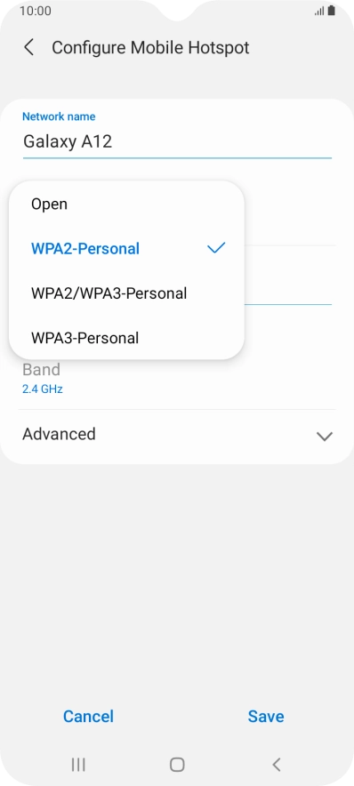 Press WPA3-Personal to password protect your Wi-Fi hotspot.