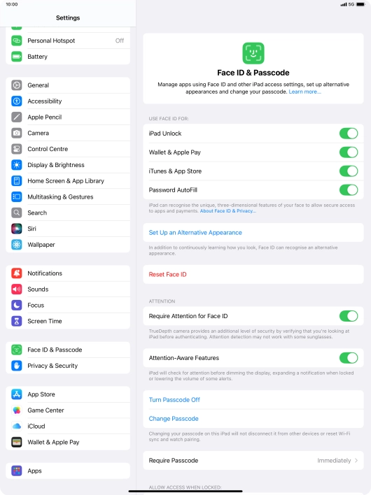 Press the indicators next to the required settings to turn them on or off.