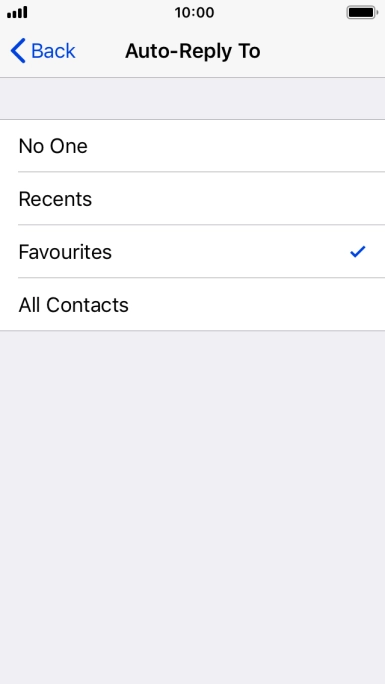 Press the required setting to select which contacts should automatically be notified that Do Not Disturb While Driving is turned on.