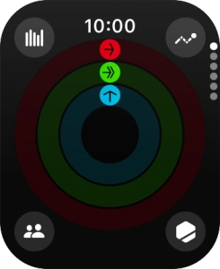 The screen will tell you how far you are from completing your daily activity goals. When the coloured rings are closed, you've reached the goals of your daily activity. The screen will tell you how far you are from completing your daily activity goals. When the coloured rings are closed, you've reached the goals of your daily activity.
