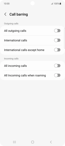 Press the indicator next to the required barring type to turn the function on or off.