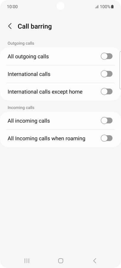 Press the indicator next to the required barring type to turn the function on or off.
