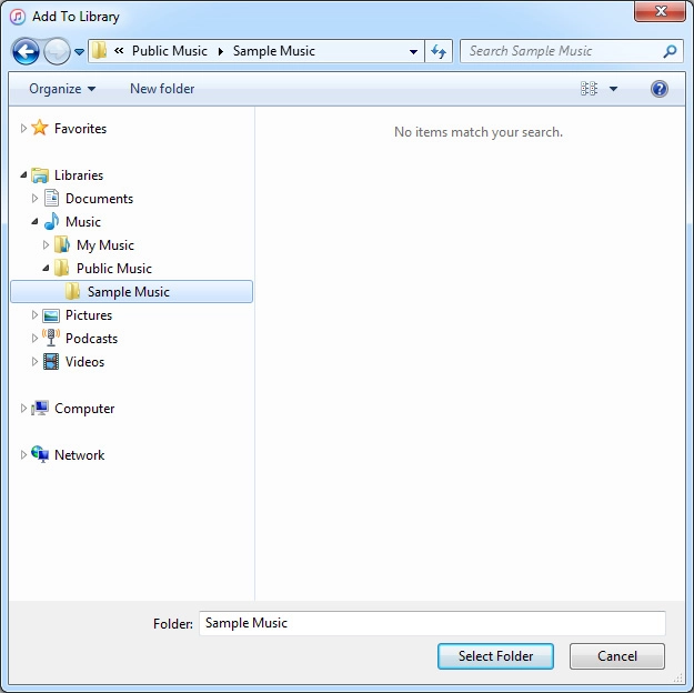 Go to the required file or folder in your computer's file system and follow the instructions on the screen to add a file or folder to the iTunes library.