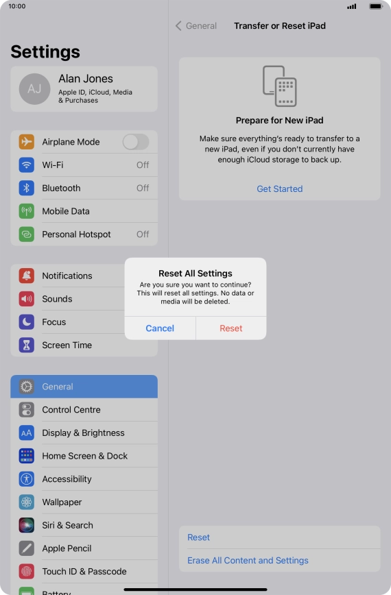 Press Reset. Wait a moment while the factory default settings are restored. Follow the instructions on the screen to set up your tablet and prepare it for use.