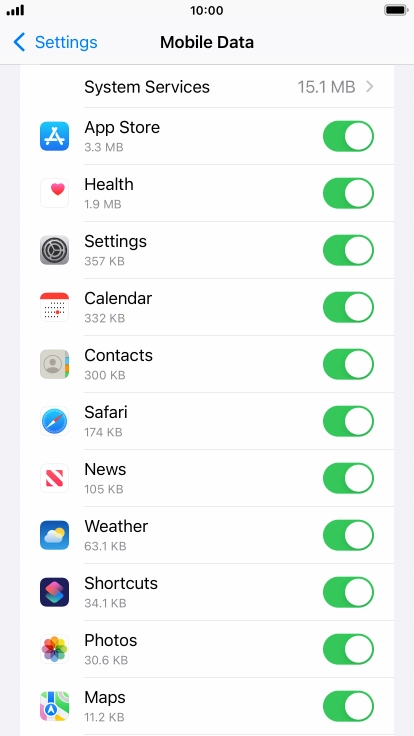 The data usage for each application is displayed below the name of the application.