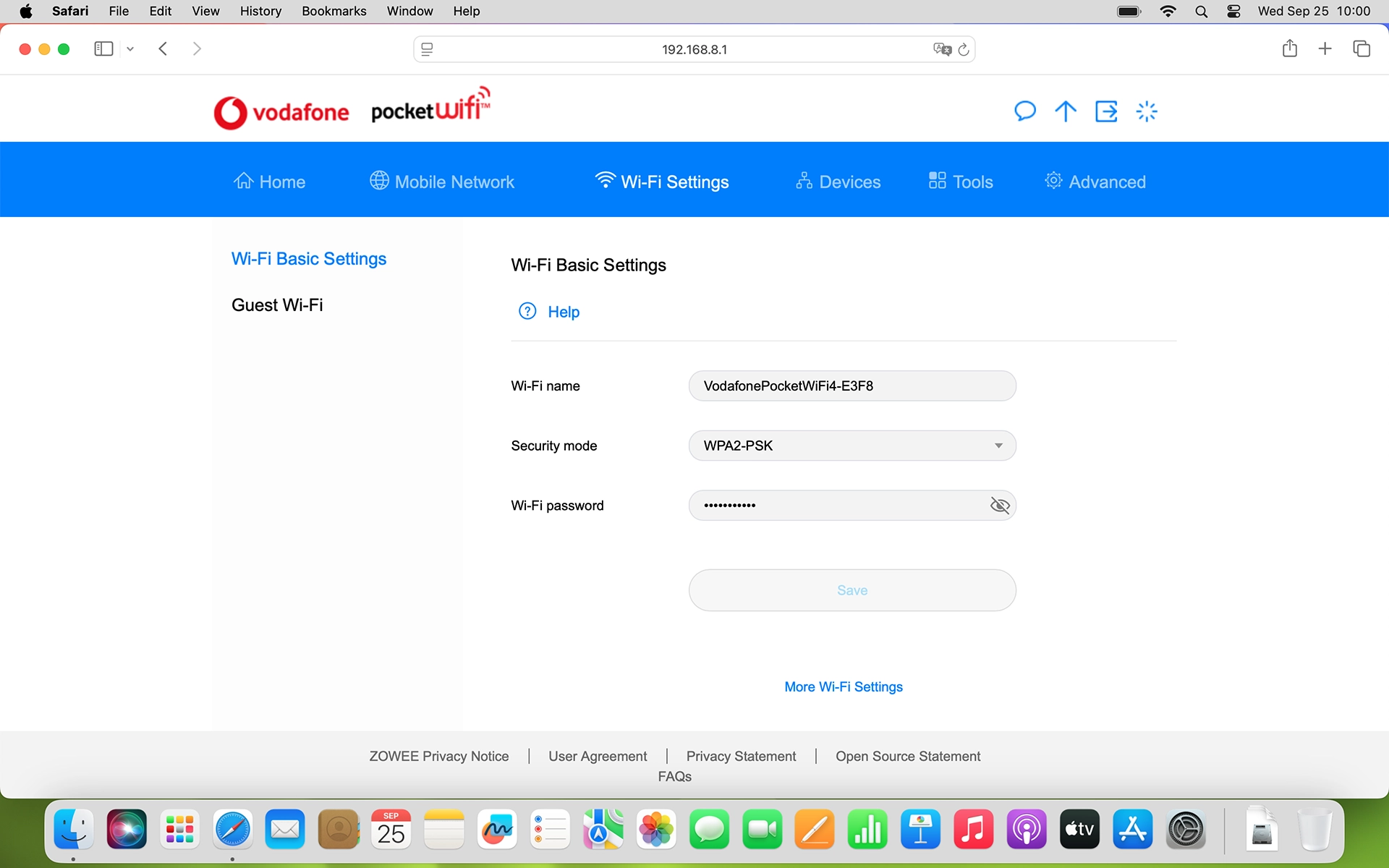 In Wi-Fi Settings, you can change the name and password for your Wi-Fi hotspot.