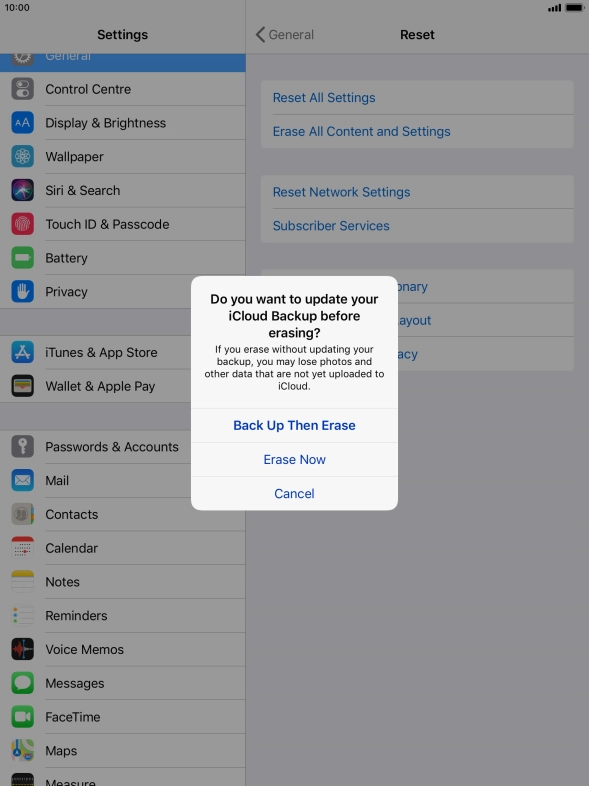 Press the required setting.