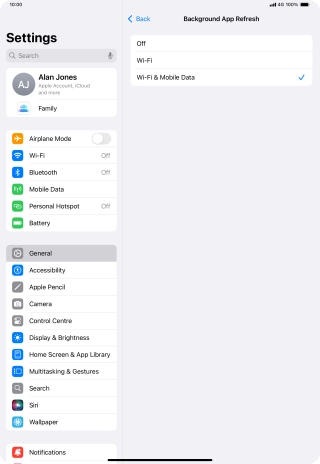 To turn off background refresh of apps, press Off.