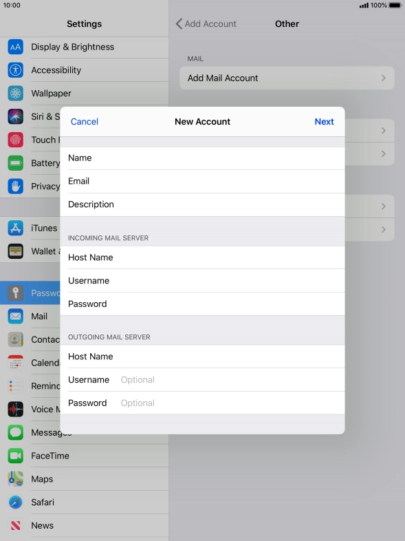 Press Username and key in the username for your email account. Please note that if you're using Vodafone's outgoing server, leave the username field empty.