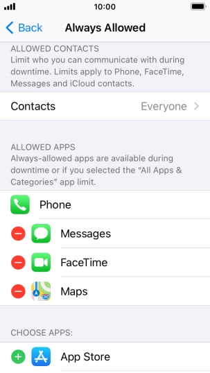 Press the add icon next to the required app to add it to the list of allowed apps during Downtime.