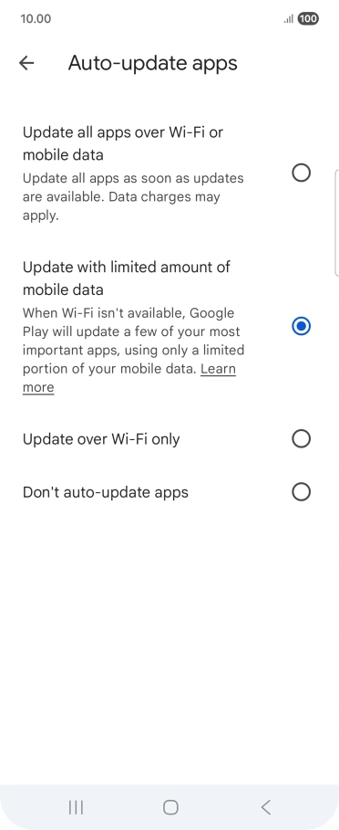 To turn on automatic update of apps using mobile network, press Update all apps over Wi-Fi or mobile data. To turn on automatic update of apps using mobile network, press Update all apps over Wi-Fi or mobile data.