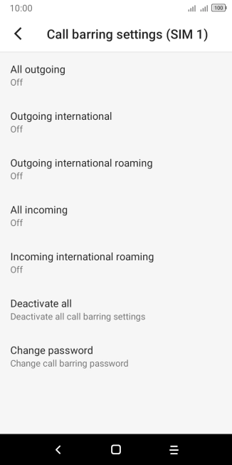 Press the required barring type to turn the function on or off.