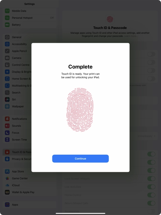 Press Continue. If you haven't previously selected a lock code, key in a code of your own choice twice.