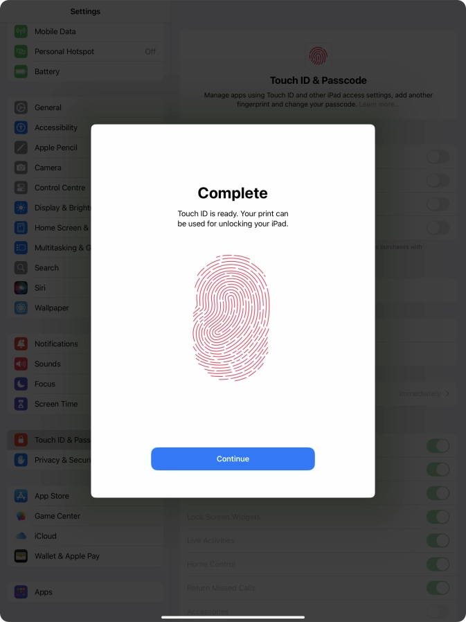 Press Continue. If you haven't previously selected a lock code, key in a code of your own choice twice.