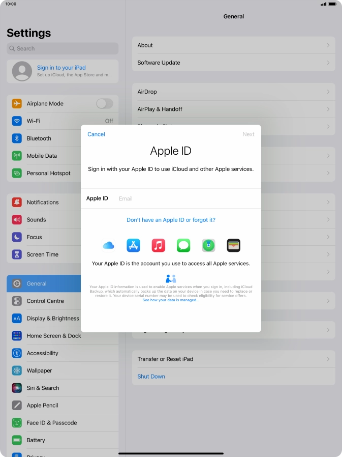 If you don t have an Apple ID, press Don't have an Apple ID or forgot it? and follow the instructions on the screen to create an Apple ID. If you don t have an Apple ID, press Don't have an Apple ID or forgot it? and follow the instructions on the screen to create an Apple ID.