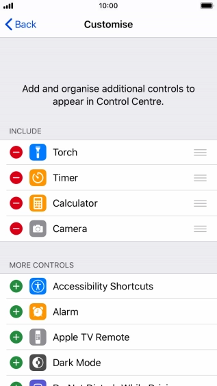 Press the delete icon next to the required function to remove it from Control Centre.