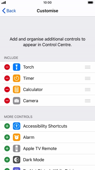 Press the delete icon next to the required function to remove it from Control Centre.