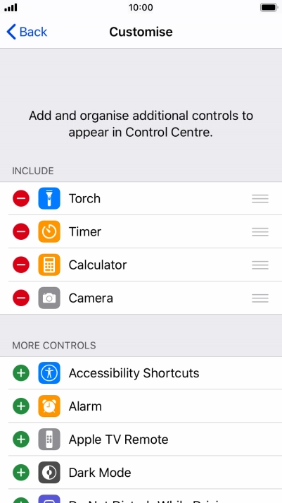 Press the delete icon next to the required function to remove it from Control Centre.