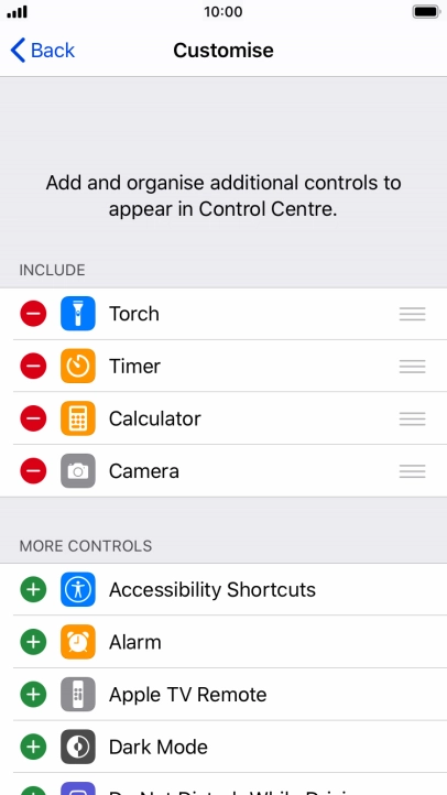 Press the delete icon next to the required function to remove it from Control Centre.