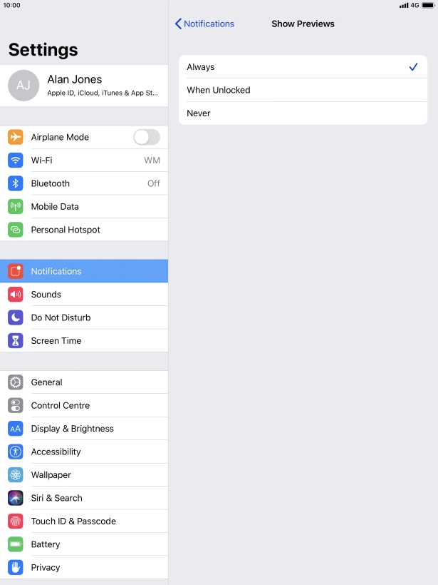 To select notification preview on the lock screen, press Always.