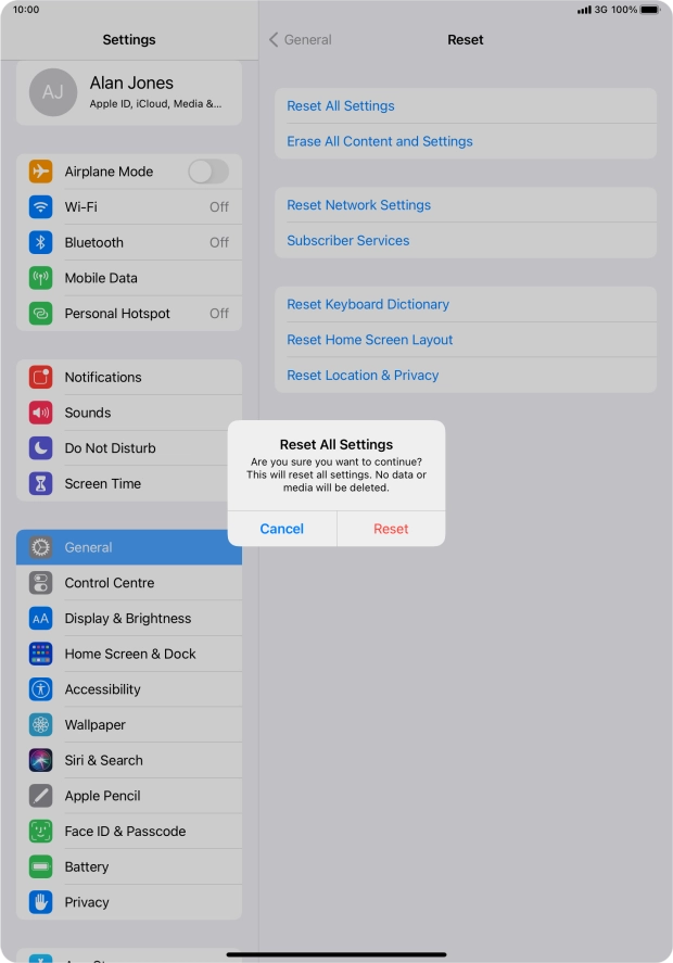 Press Reset. Wait a moment while the factory default settings are restored. Follow the instructions on the screen to set up your tablet and prepare it for use.