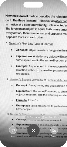 To use visual intelligence on a text, take a picture of the text, press the required setting and follow the instructions on the screen to use the function.