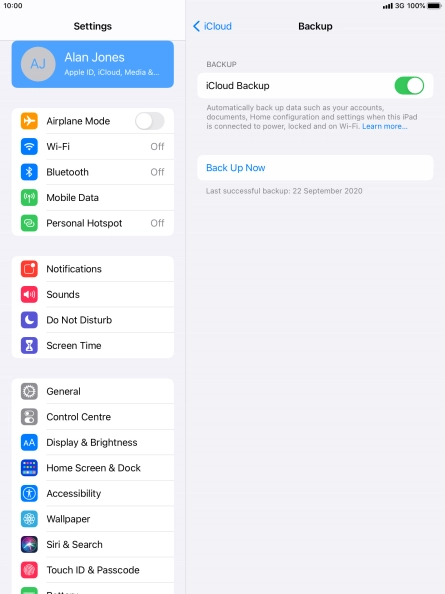 Press Back Up Now and wait while the tablet memory is backed up.