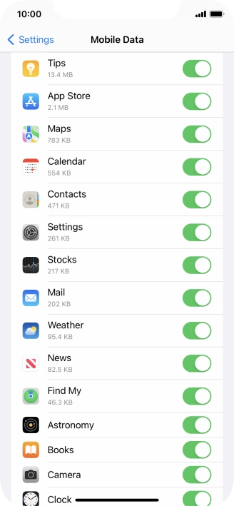 The data usage for each application is displayed below the name of the application.
