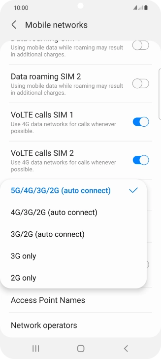 Press the required network mode.