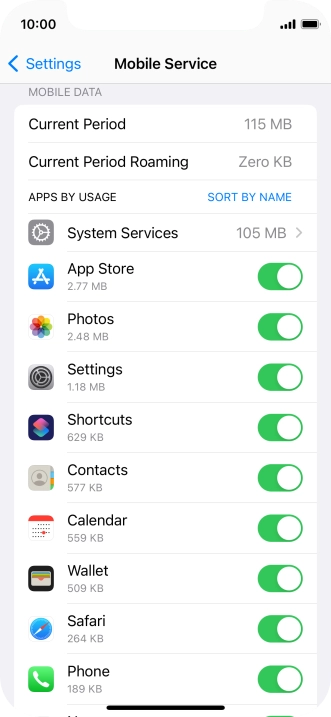 The data usage for each application is displayed below the name of the application.