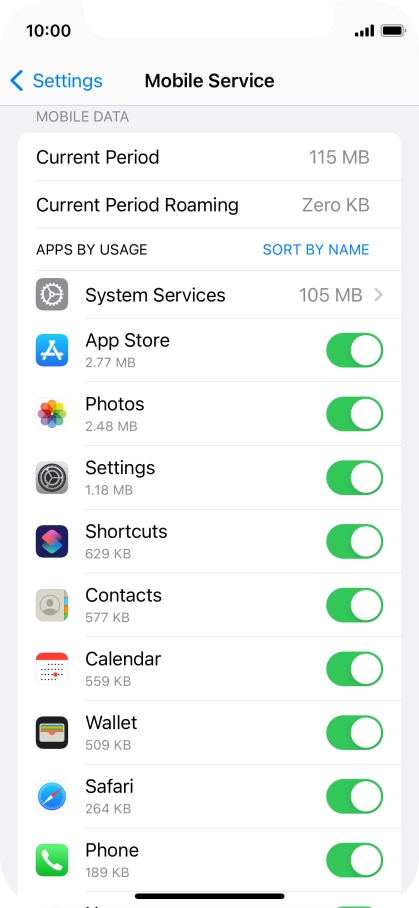 The data usage for each application is displayed below the name of the application.