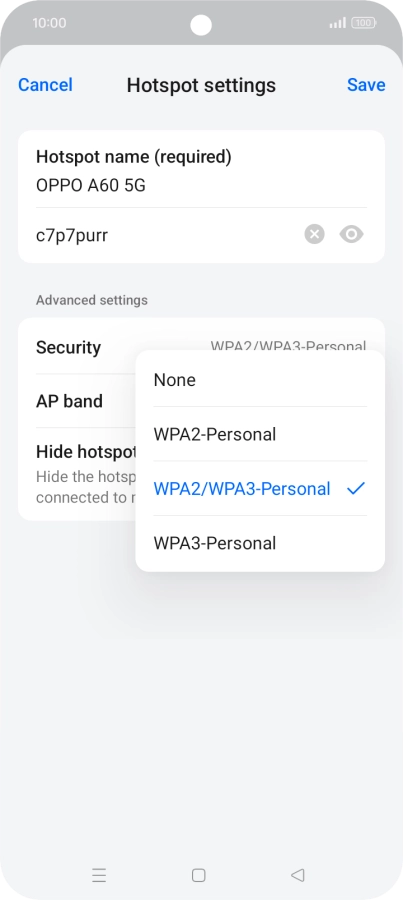 Press WPA3-Personal to password protect your Wi-Fi hotspot.