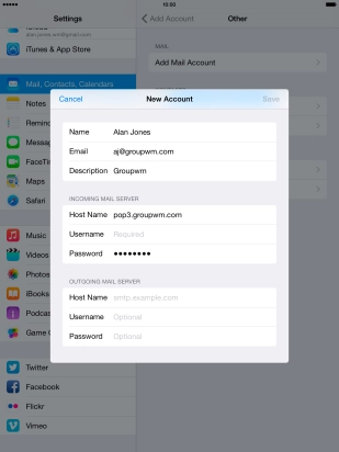 Press Username and key in the username for your email account.