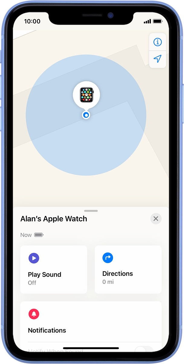 The latest position of your Apple Watch is displayed on the map.