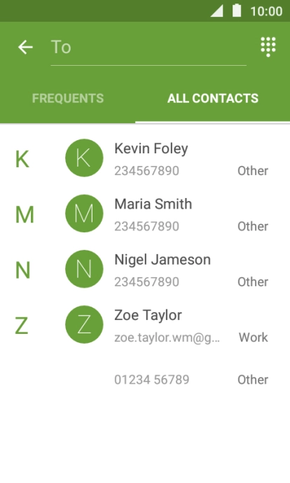 Press the search field and key in the first letters of the recipient's name.