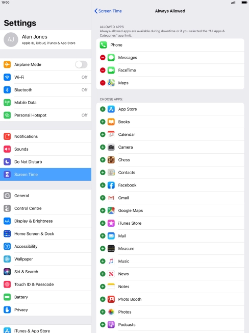 Press the add icon next to the required app to add it to the list of allowed apps during Downtime.