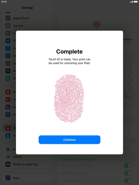 Press Continue. If you haven't previously selected a lock code, key in a code of your own choice twice.