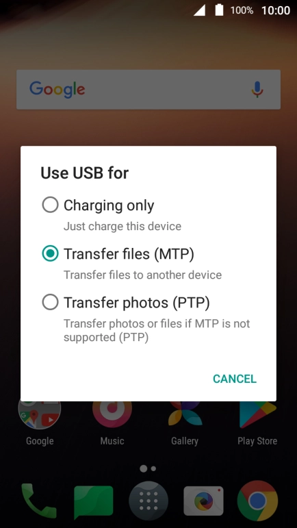 Press Transfer files (MTP).