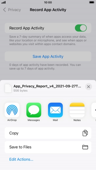 Press the required setting and follow the instructions on the screen to share or save the app activity report.