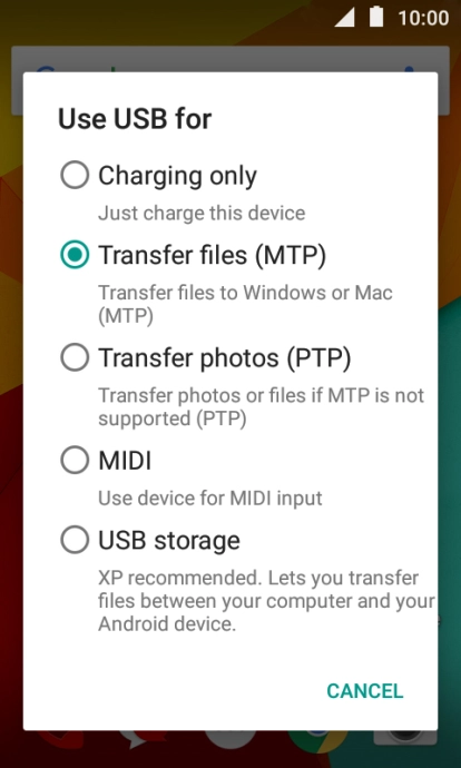 Press Transfer files (MTP).