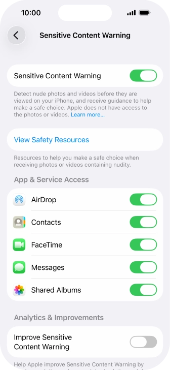 Press the indicators next to the required applications to turn the function on or off.
