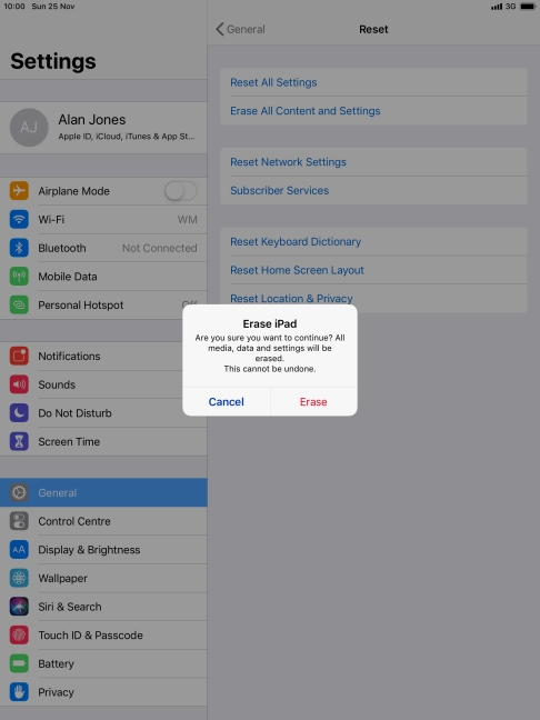 Press Erase. Wait a moment while the factory default settings are restored. Follow the instructions on the screen to set up your tablet and prepare it for use.
